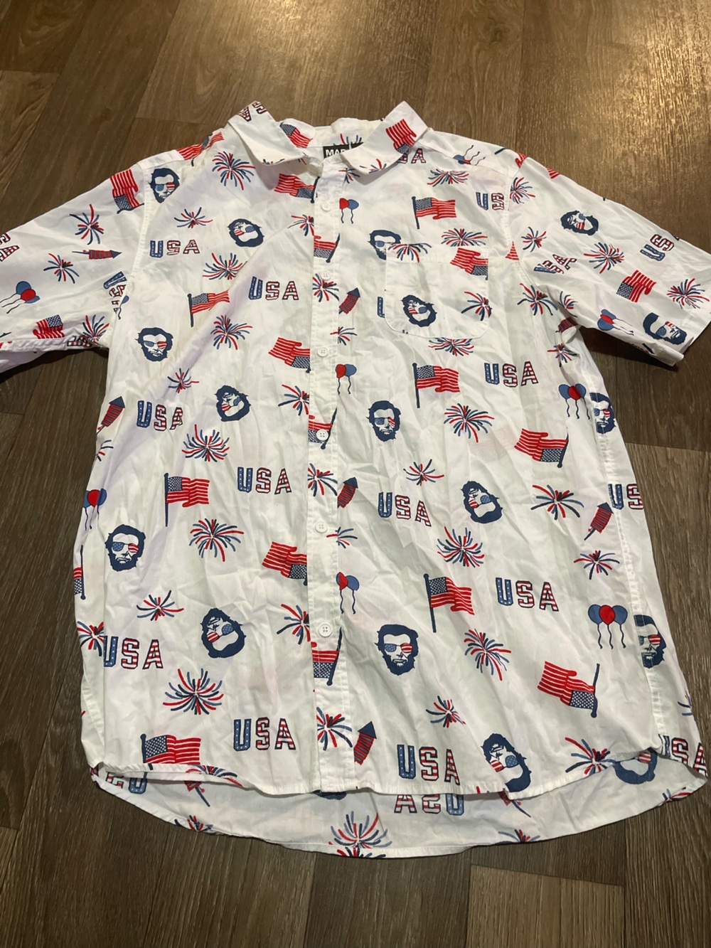 MAD Engine White Cotton Shirt with Red & Blue Patriotic Print